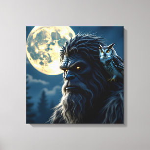 Bigfoot with Glowing Eyes and Owl on his Shoulder  Canvas Print