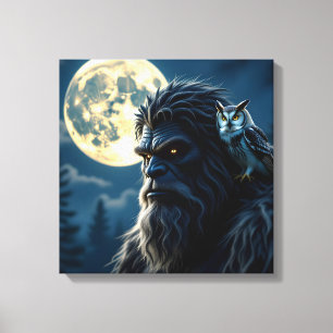 Bigfoot with Glowing Eyes and Owl on his Shoulder  Canvas Print