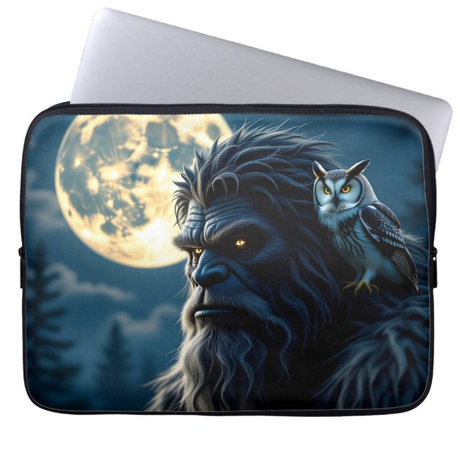 Bigfoot with Glowing Eyes and Owl on his Shoulder  Laptop Sleeve (Front)