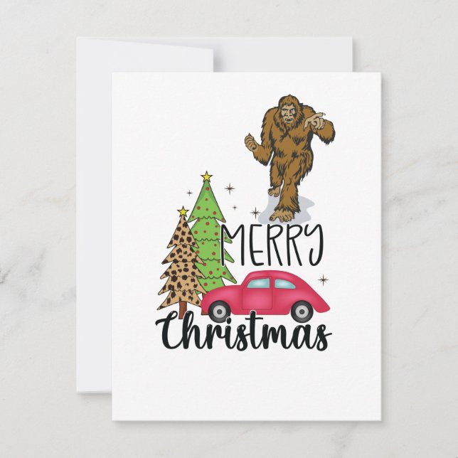 Bigfoot with Merry Christmas tree and red car Holiday Card (Front)