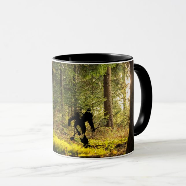 Bigfoot with Tennis Racket in the Forest Mug (Front Right)