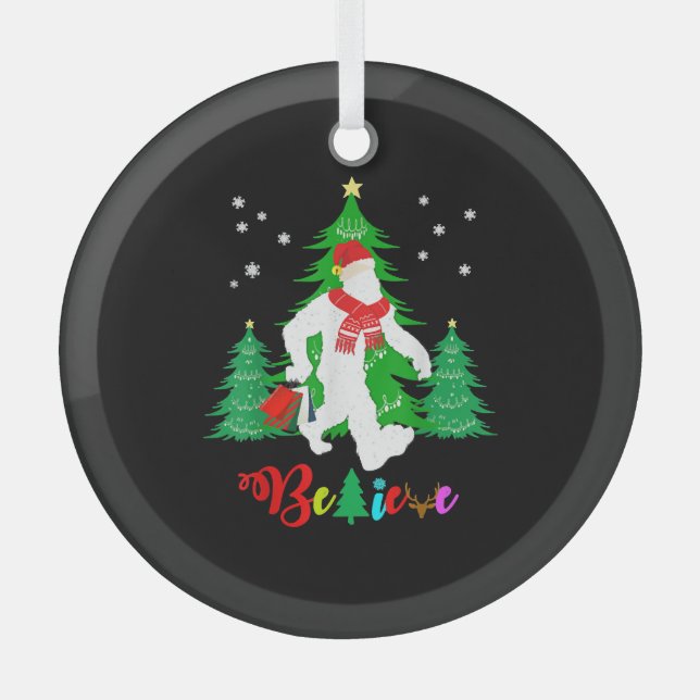 Bigfoot Yeti Sasquatch Christmas Believe Christmas Glass Ornament (Front)