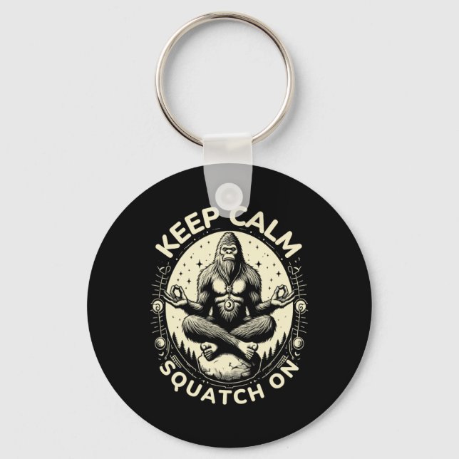 Bigfoot Yoga Pose Funny Sasquatch Keep Calm Squatc Keychain (Front)