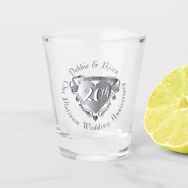 Bigger 10th,20th,25th Wedding Anniversary Heart Shot Glass (Front)