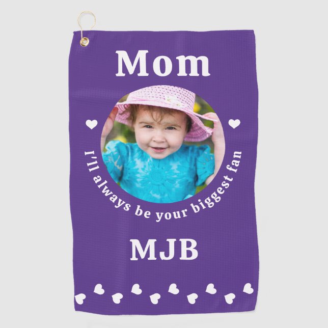 Biggest Fan - MOM - Purple Custom Chic Photo Golf Towel (Front)