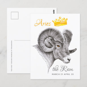 Bighorn Ram with Crown Aries Zodiac Animal art Postcard