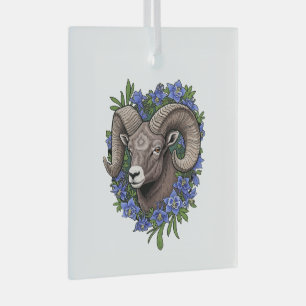 Bighorn Sheep And Blue Colorado Columbine Flowers Glass Ornament