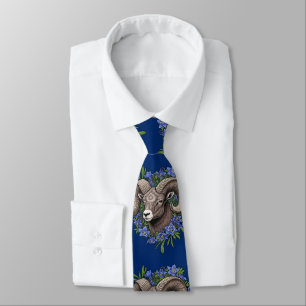 Bighorn Sheep And Blue Colorado Columbine Flowers  Tie