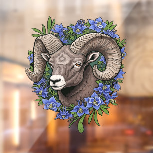 Bighorn Sheep And Blue Colorado Columbine Flowers Window Cling