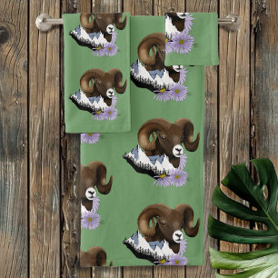 Bighorn Sheep Ram Green Mountains Bath Towel Set