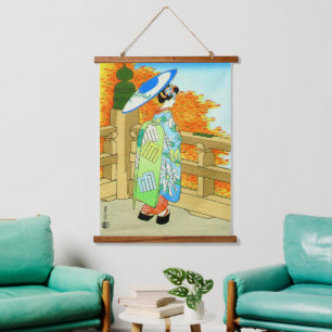 Bijin and Red Maple Hasegawa Sadanobu III 1950s Hanging Tapestry