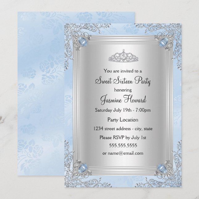 Bijou bleu étincelant & Tiara Sweet 16 Invitation (Devant / Derrière)