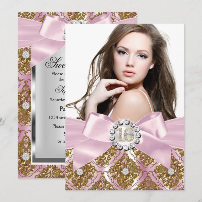 Bijou d'or Damask & Pink Bow Sweet 16 Invitation p (Devant / Derrière)
