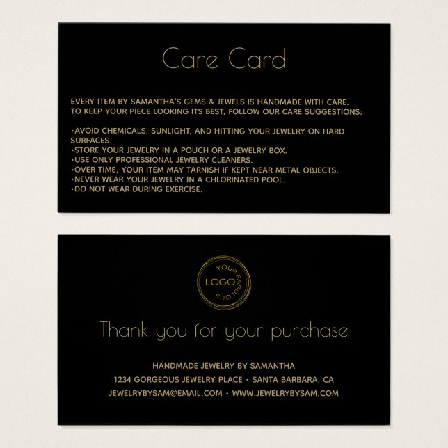 Bijouterie Carte de soins Noir (Devant & derrière)