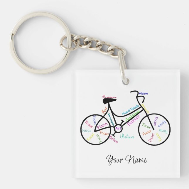 Bike, Bicycle  Sport, Motivational Words & Stripes Keychain (Front)