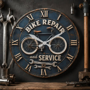 Bike Repair & Service Vintage Bicycle Mechanic Large Clock