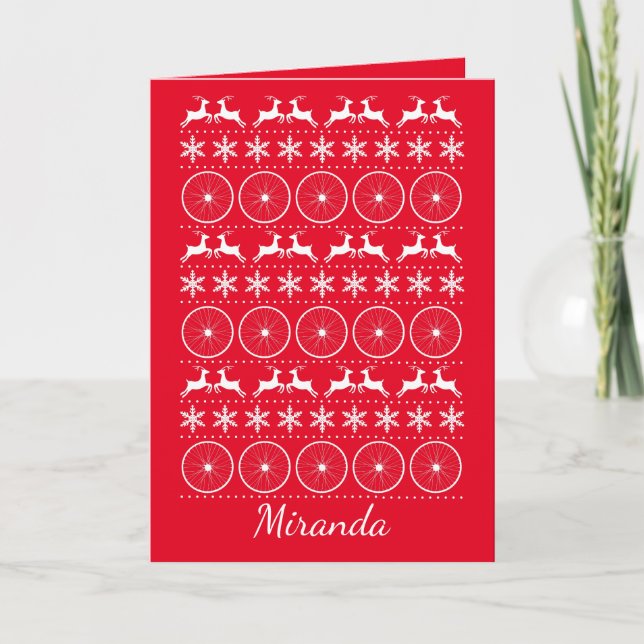 Bike Rider Cyclist Fun Red Christmas Sweater Holiday Card (Front)
