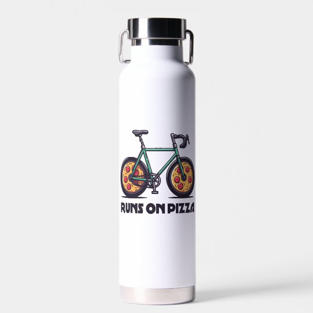 Bike Runs On Pizza Water Bottle (Front)