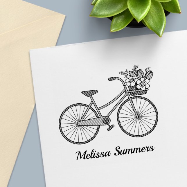 Bike with a Flower Basket Custom Name Self-inking Stamp (Creator Uploaded)