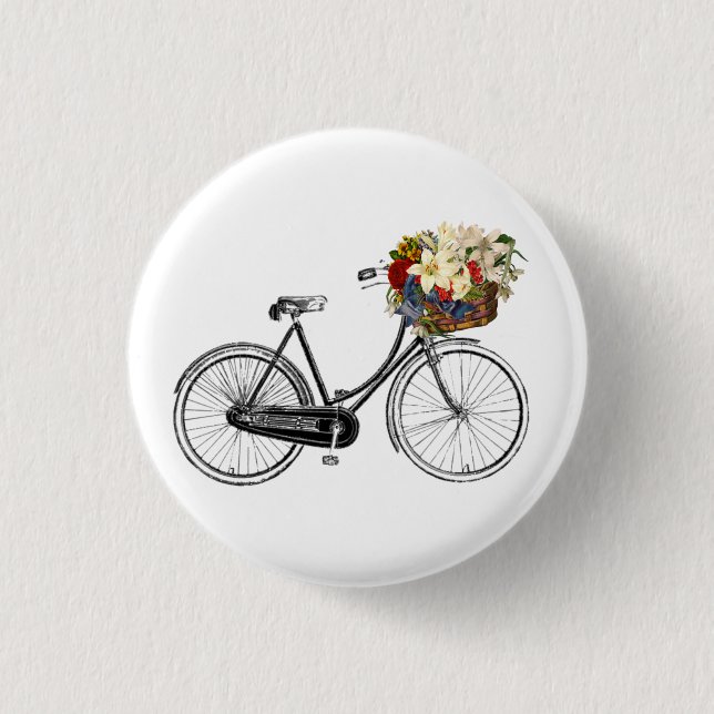Bike with Basket full of Flowers 1 Inch Round Button (Front)