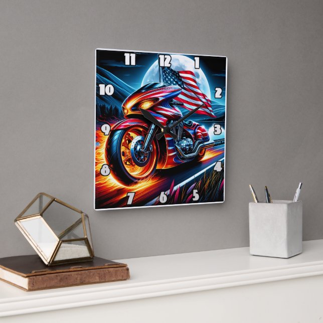 Bike with flag by moonlit lake square wall clock (Office)