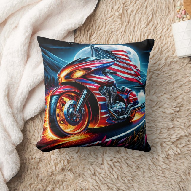 Bike with flag by moonlit lake throw pillow (Blanket)