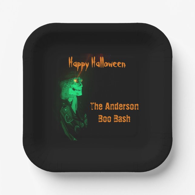 Biker Billy Halloween Skeleton Black & Orange  Paper Plate (Front)