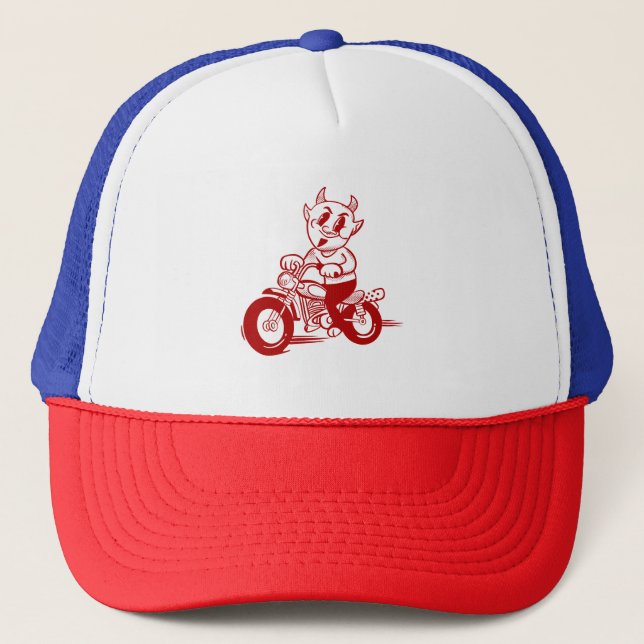  Biker Cartoon Trucker Hat – Red, White & Blue (Front)