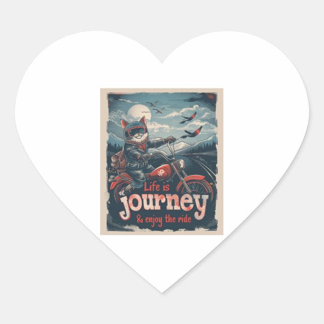 Biker Cat Adventure Heart Sticker (Front)