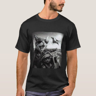 Biker Cat Dinosaur Chase Funny Motorcycle Sunglass T-Shirt