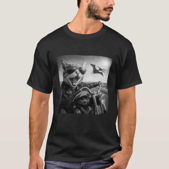 Biker Cat Dinosaur Chase Funny Motorcycle Sunglass T-Shirt (Front)
