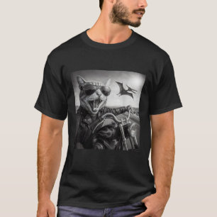 Biker Cat Dinosaur Chase Funny Motorcycle Sunglass T-Shirt