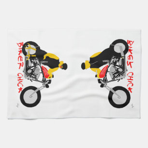 BIKER CHICK leaning against her Kitchen Towel