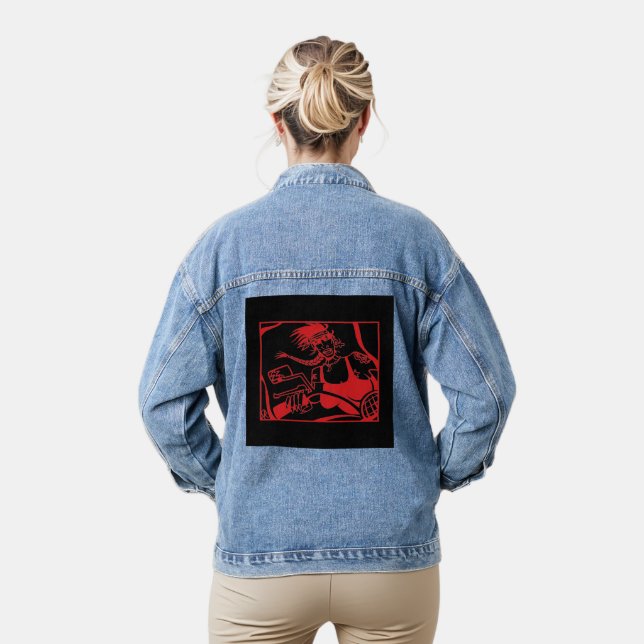 Biker Chick red black women denim jacket (Model)