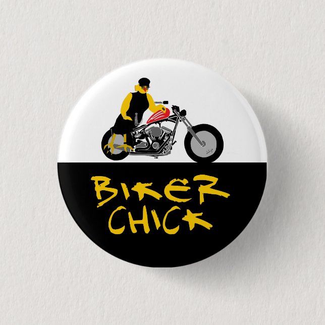 BIKER CHICK Sitting on Her Motorcycle 1 Inch Round Button (Front)