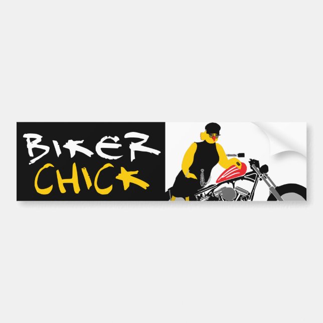 BIKER CHICK Sitting on Her Motorcycle Bumper Sticker (Front)