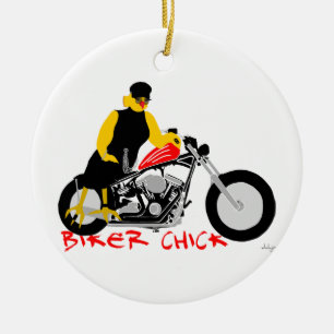 BIKER CHICK Sitting on Her Motorcycle Ceramic Ornament