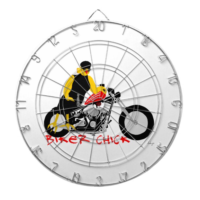 BIKER CHICK Sitting on Her Motorcycle Dartboard (Front)