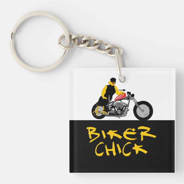 BIKER CHICK Sitting on Her Motorcycle Keychain (Front)