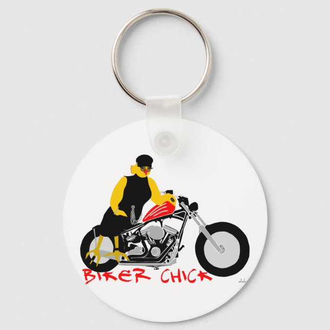 BIKER CHICK Sitting on Her Motorcycle Keychain (Front)