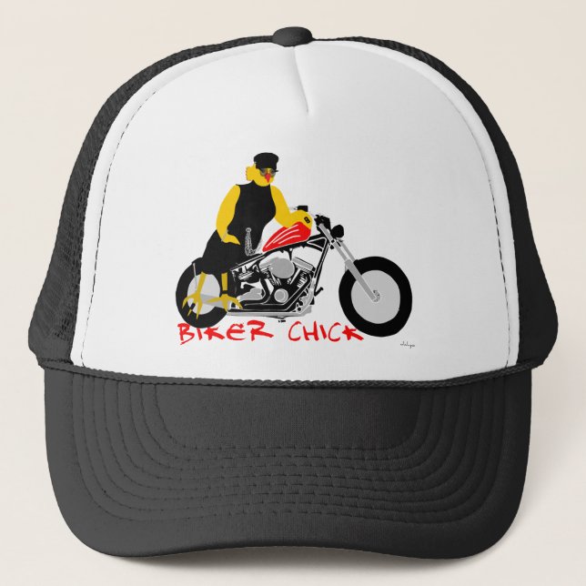 BIKER CHICK Sitting on Her Motorcycle Trucker Hat (Front)