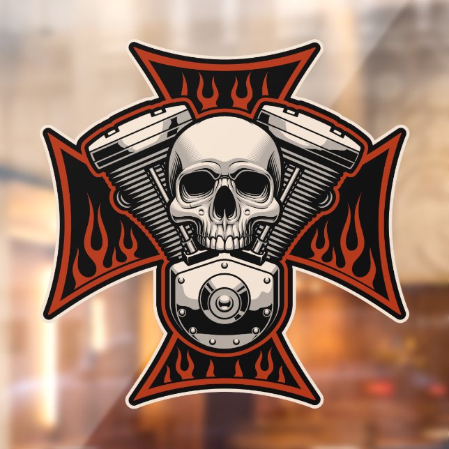 Biker Cross Skull Motor Flames Motorcycle Shop Win Window Cling (Sheet 2)