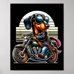 Biker Dachshund Dog Riding Motorbike Men Women Poster
