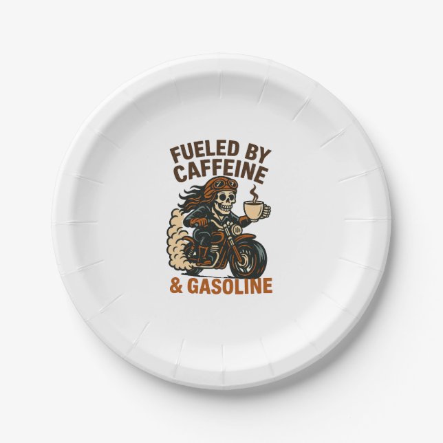 Biker lady Skeleton T-Shirt Fueled by Caffeine and Paper Plate (Front)