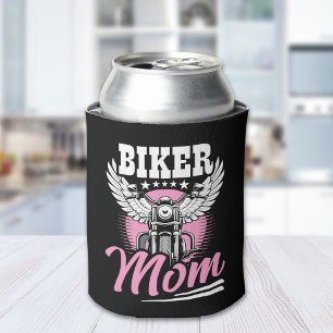 Biker Mom – Motorcycle Design in White & Pink Can Cooler