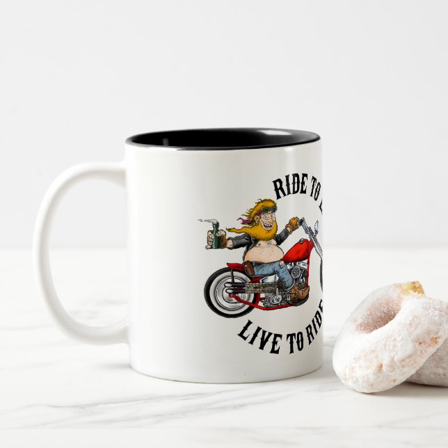 Biker motorcyclist Two-Tone coffee mug (With Donut)