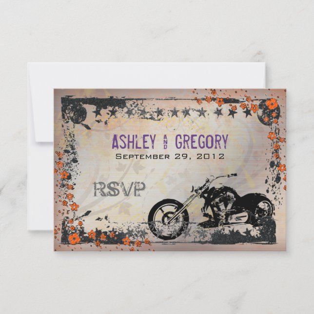 Biker or Motorcyle Wedding RSVP Reply card Purple (Front)
