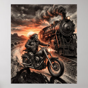Biker Races Steam Train Desert Sunset Charcoal Art Poster