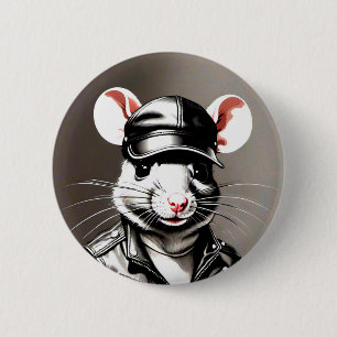 Biker Rat Wearing Leather Gear Button
