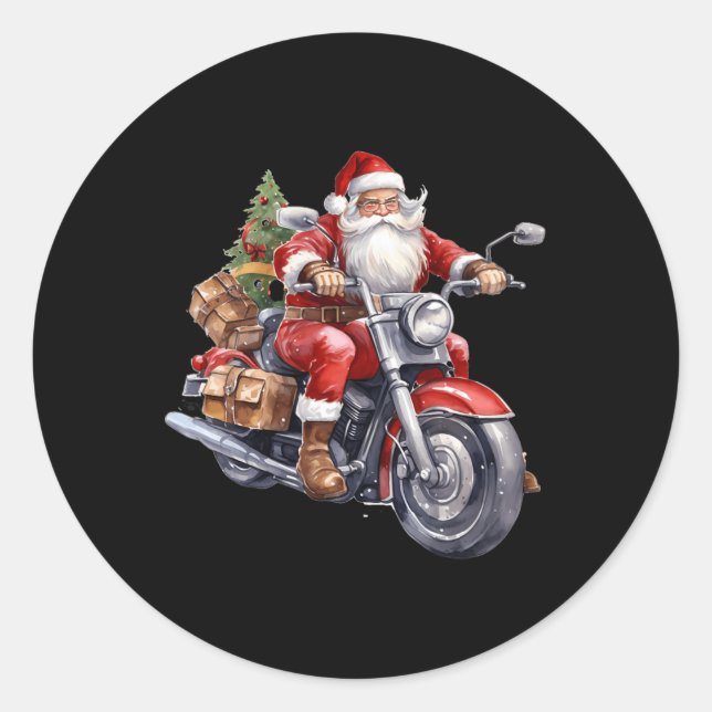 Biker Santa Claus On Motorcycle Fun Christmas Biki Classic Round Sticker (Front)